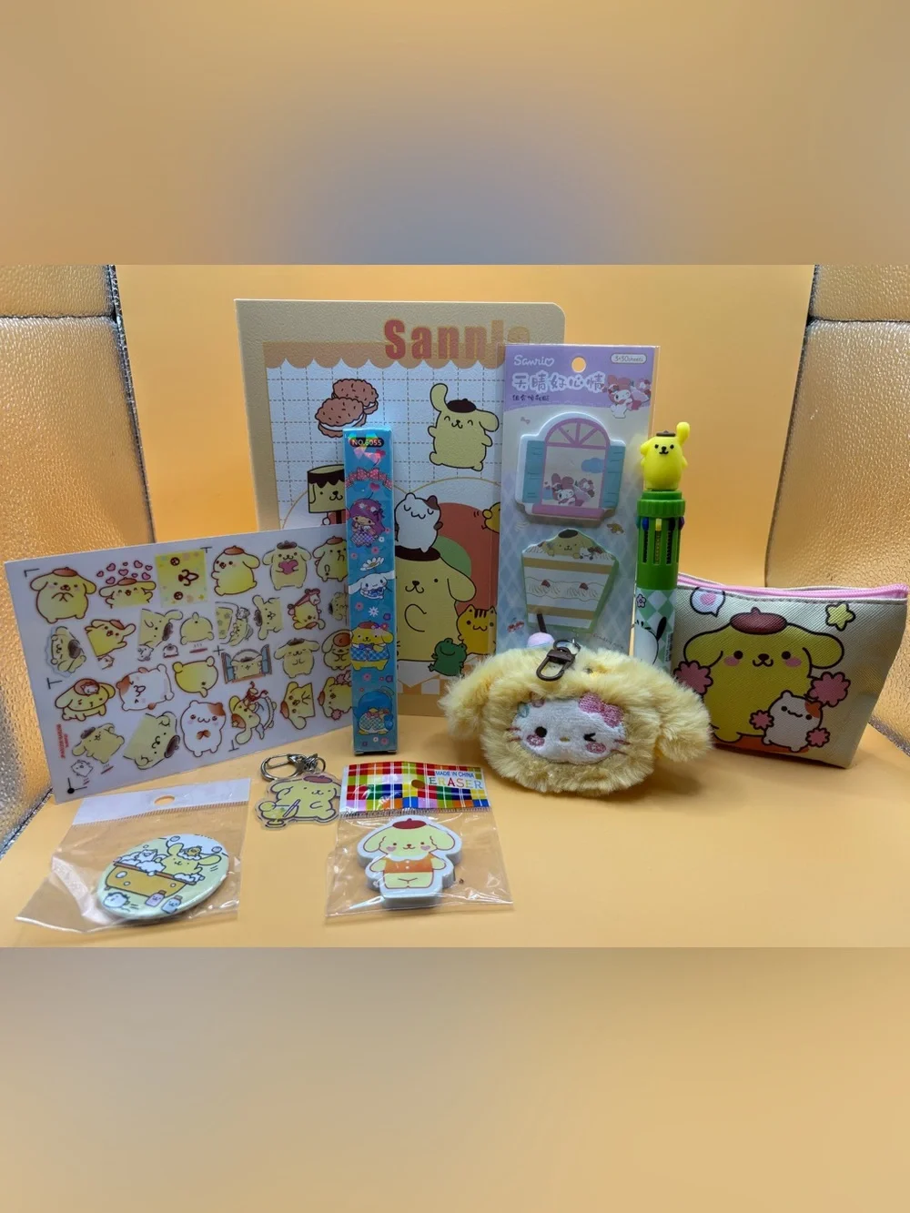 Pompompurin stationery Set Sanrio Kawaii Cute Notebook Pens Keychain Stickynotes